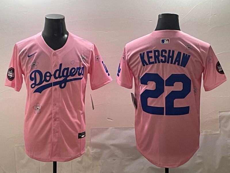 Men Los Angeles Dodgers 22 Kershaw Pink Sakura Edition 2025 Nike MLB Jersey style 1